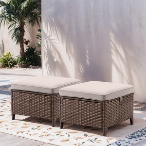 Buenhomino Patio Ottoman Outdoor Wicker Side Table - 2PCS Multipurpose Heavy Duty All-Weather Brown Rattan Extra Seating Bench Footrest Footstool - 1 of 4