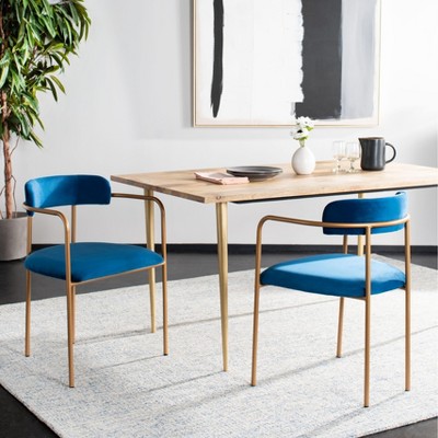 Elegant Navy Velvet and Gold Metal Upholstered Arm Chair
