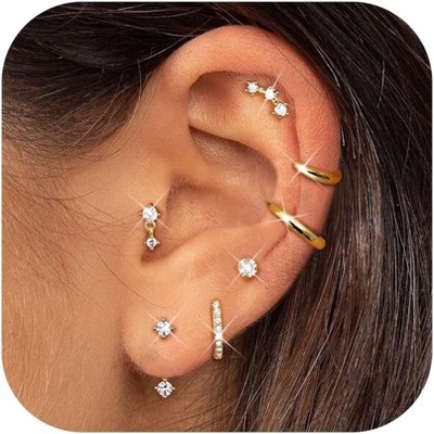 Small Stud Hoop Earrings for Women - 7 Pairs Hypoallergenic 14K Gold Plated Huggie Earring Sets for Multiple Piercing
