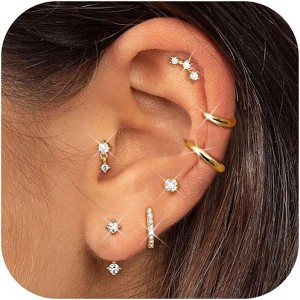 Small Stud Hoop Earrings for Women - 7 Pairs Hypoallergenic 14K Gold Plated Huggie Earring Sets for Multiple Piercing - 1 of 4