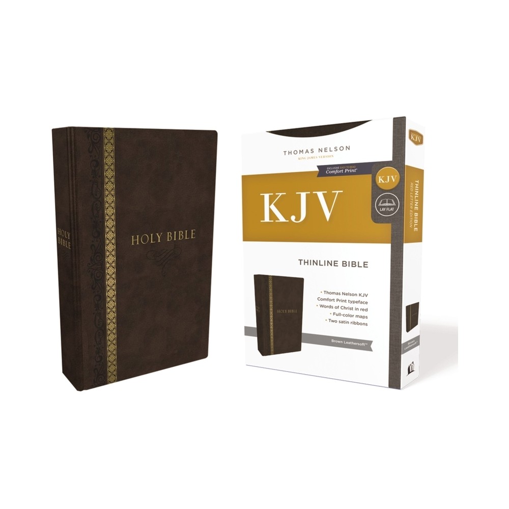KJV, Thinline Bible, Standard Print, Imitation Leather, Brown, Indexed, Red Letter Edition, Comfort Print - by Thomas Nelson (Leather Bound)