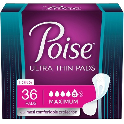 Poise Ultra Thin Postpartum and Incontinence Fragrance Free Pads - Maximum Absorbency - Long - 36ct