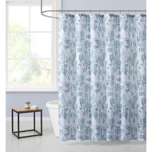Piña & Sardinia Home Abstract Floral Watercolor Blue And White Fabric Shower Curtain - Standard Size - 1 of 4