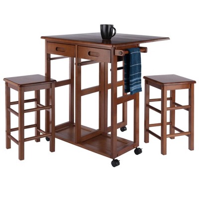 Teak 3-Piece Space Saver Drop Leaf Dining Set with Stools