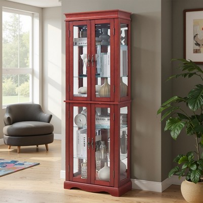 Wooakway 70"H Cherry Wood Lighted Glass Display Cabinet with Bulb Included for Living Room Kitchen Pantry