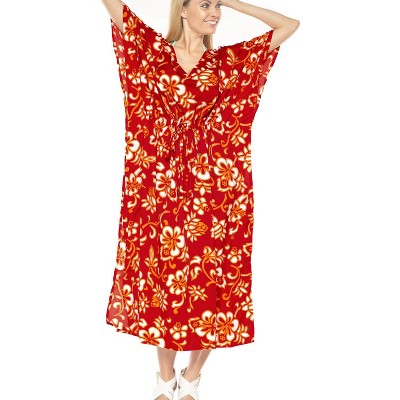 LA LEELA Women's House Daily Routine Evening Wear Holiday Casual Loungewear Loose Slit Dress Caftan Maxi House Sleep Shirt for Women 2X-3X Red, Floral