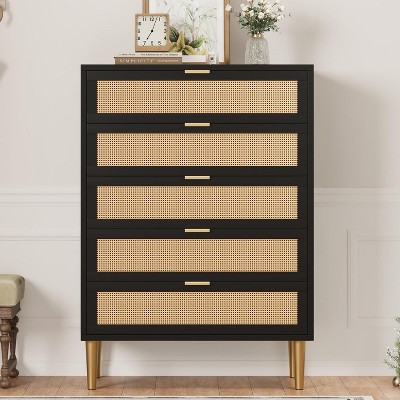 Rattan 5 Drawer Dresser, 44''Tall Narrow Chest of Drawer, Farmhouse Wooden Vertical Dresser with Metal Legs and Handles
