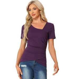 Allegra K Women's Knit Short Sleeve Irregular Neck Ruched Side Blouse - 1 of 4