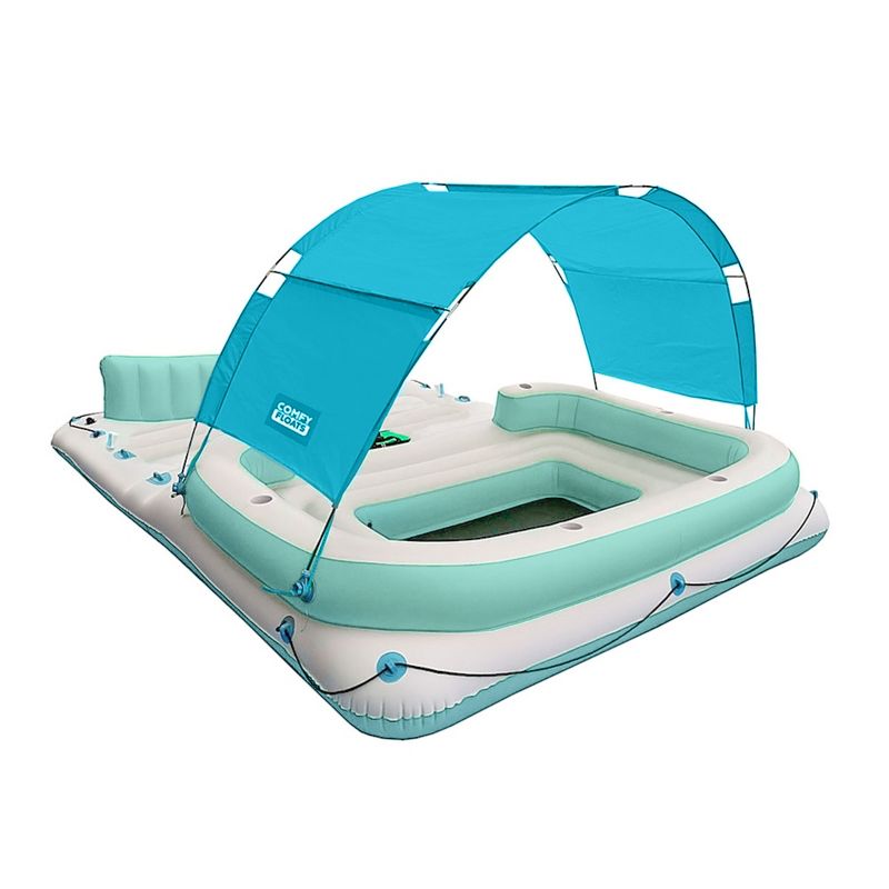 Comfy Floats 91464VM 13 Foot Misting Party Platform Inflatable Summer Float for Pool, Lake, River Fits 6 People, White/Aqua Blue, 2 of 7