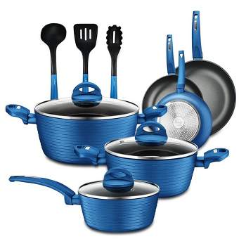 NutriChef 12pc Pots & Pans Set - Stylish Kitchen Cookware, Non-Stick Coating, Light Gray Inside and Blue Outside
