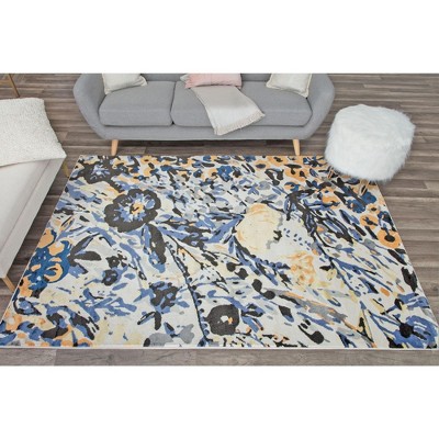 Blue Floral Synthetic 9' x 12' Stain-Resistant Area Rug