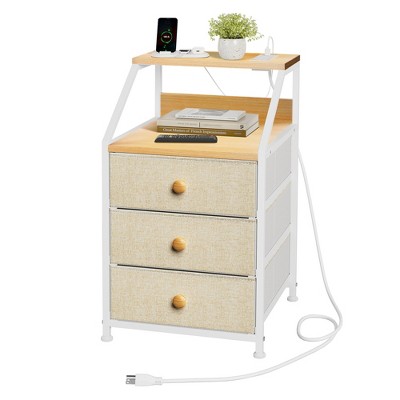 REAHOME 2 Shelf 3 Drawer Modern Bedroom Nightstand End Table Storage Unit Organizer with Charging Station for Bedroom, Living Room, and Office, Taupe