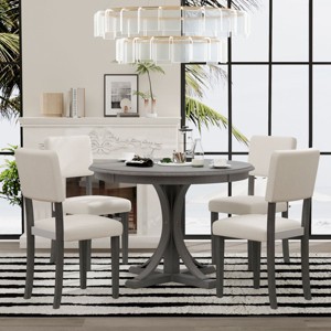 44" Round Pedestal Dining Table Set with 4 Upholstered Chairs, Retro Solid Wood Kitchen Set for Small Space-3irtyhousy - 1 of 4