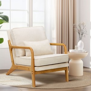 Beige Modern Accent Chair with Lumbar Pillow and Wooden Frame for Living Room or Office - 1 of 4