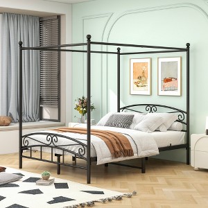 KWPZQEB Queen Size Canopy Bed Frame, Bed Frame with Vintage Style Headboard, Metal Slats Support, No Box Spring Needed - Black - 1 of 4