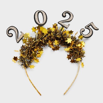 New Year's Holiday "2025" Star Tinsel Headband - Gold/Black