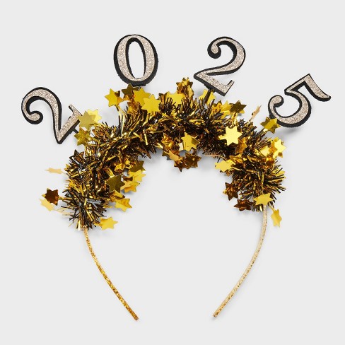 New Year's Holiday "2025" Star Tinsel Headband - Gold/Black - image 1 of 3