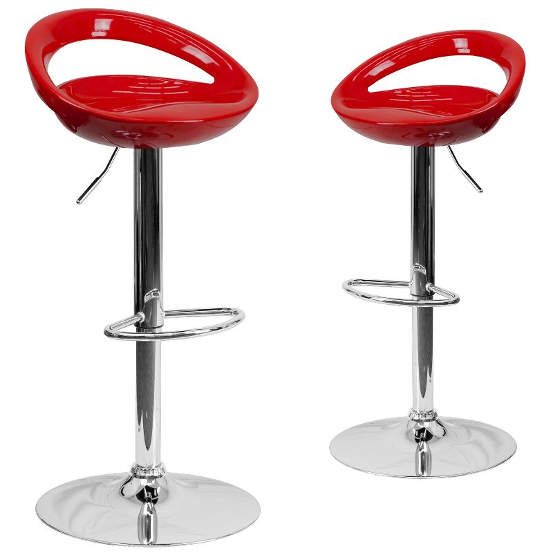 Emma and Oliver 2 Pack Contemporary Plastic Adjustable Height Barstool with Rounded Cutout Back and Chrome Base, 1 of 12