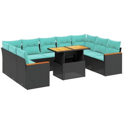 vidaXL 10 Piece Patio Sofa Set with Cushions Black Poly Rattan - without storage