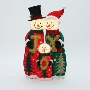 LuxenHome Snowman Family with Joy Greeting Holiday Decoration with Lights for Indoor and Outdoor Red, Green, White, Black - 1 of 4