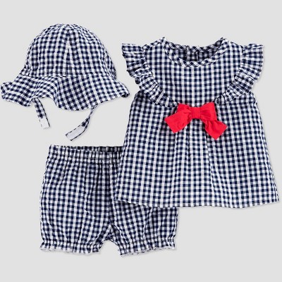 Image of Baby Girls' Gingham Top & Bottom Set with Hat - Just One You® made by carter's Blue 6M