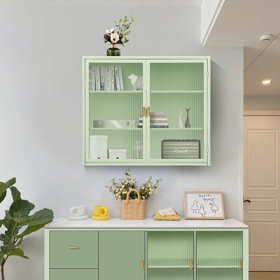 Wall Bathroom Cabinet with Double Glass Door, Modern Versatile Wall Cabinets for Kitchen- Storage Kitchen Utensils & Spice-Cans, for Living Room
