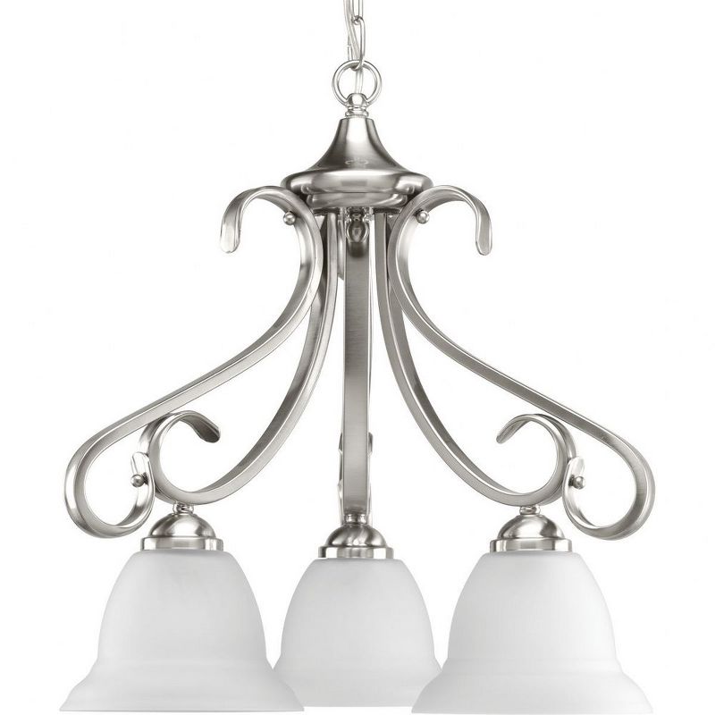 Progress Lighting Torino 3-Light Chandelier, Brushed Nickel, Etched White Glass, Bell-Shaped Shades, 1 of 2