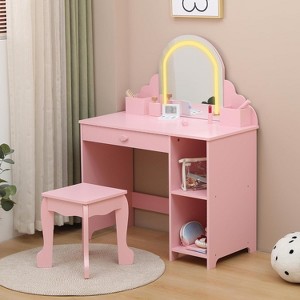 Kids Vanity with Lighted Mirror & Stool, Little Girls Vanity with Adjustable LED Light, Bookshelf, Storage Drawer & Shelves for Girls - 1 of 4