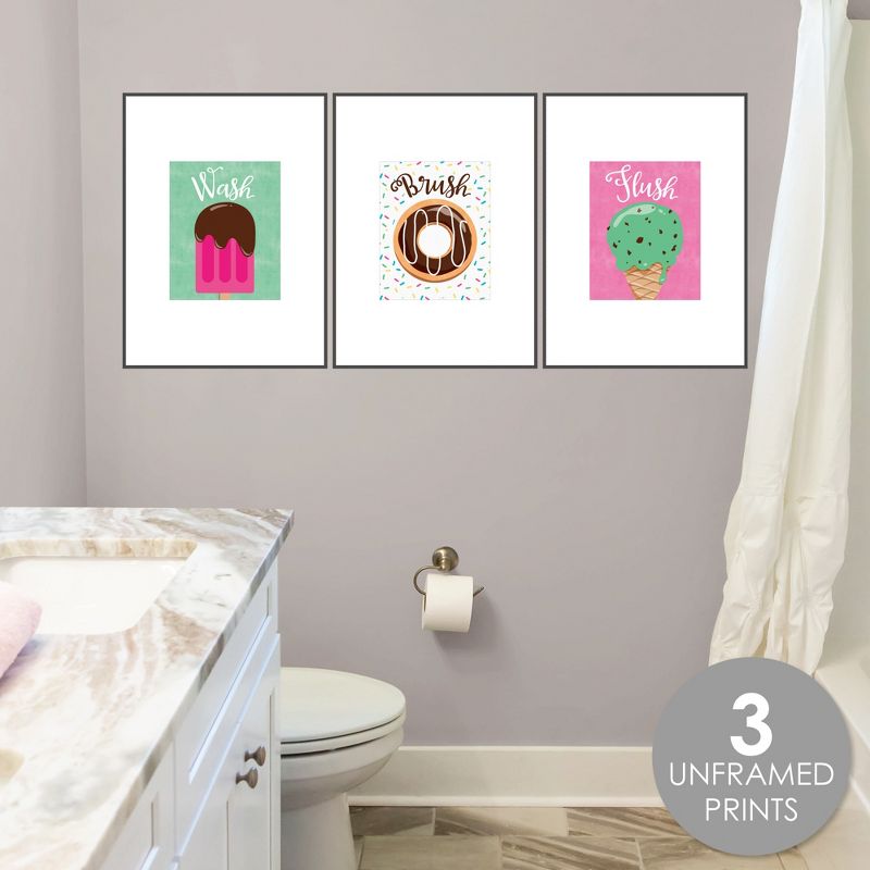 Big Dot of Happiness Sweet Shoppe - Unframed Wash, Brush, Flush - Candy and Bakery Bathroom Wall Art - 8 x 10 inches - Set of 3 Prints, 3 of 7