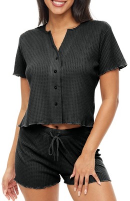 ADR Women's Pajamas Set, Soft Ribbed Knit Waffle Pajamas Lounge Set, Short Sleeve Button Up Top and Pajama Shorts