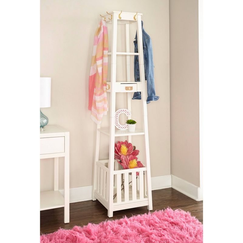 Peggy Transitional 10 Hooks 3 Shelves and a Drawer Pyramid Hall Tree Umbrella Storage White - Linon, 5 of 8