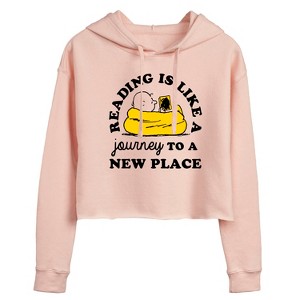 Women's - Peanuts - Reading Is Like A Journey To A New Place Cropped Graphic Hoodie - 1 of 4