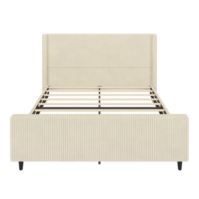 Bellemave headboard Corduroy Upholstered Bed Frame with Vertical Stripe Wingback and High Footboard No Box Spring Needed, King Size, Beige