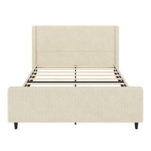 Bellemave headboard Corduroy Upholstered Bed Frame with Vertical Stripe Wingback and High Footboard No Box Spring Needed, King Size, Beige - 1 of 4
