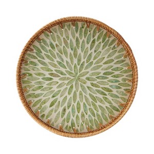 Aoibox Round Rattan Tray with Mother of Pearl Inlay, Handmade Wicker Serving Tray for Coffee, Bread, Fruits, Decorative Table Decor and Storage Basket - 1 of 4