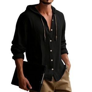 Men's Casual Hooded Shirt Jacket, Lightweight Cotton Long Sleeve Button Down Overshirt for Daily Wear - 1 of 4