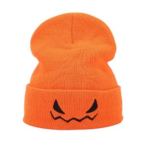 Anna-Kaci Women's Knit Beanie Hat with Pumpkin Face Embroidery Halloween Themed Design - 1 of 4