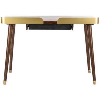 Walnut and Gold Transitional Home Office Desk with Drawer