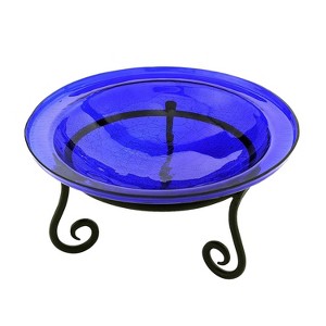 7" Reflective Crackle Glass Birdbath Bowl With Short Stand Cobalt Blue - Achla Designs: Weather-Resistant, Freestanding - 1 of 3