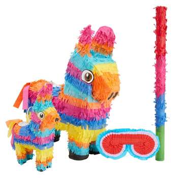 Blue Panda 4-Piece Set Small and Mini Donkey Pinata with Stick and Blindfold for Birthday Party, Mexican Fiesta, Cinco de Mayo