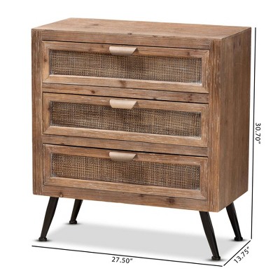 Mid-Century Natural Brown Wood and Rattan 3-Drawer Cabinet