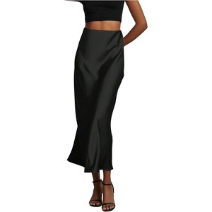 Women's Satin Maxi Skirt - High Waist A-Line Long Skirt for Elegant Office Wear Black - 1 of 4
