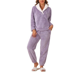cheibear Women's Fluffy Fleece Pullover Tops with Pants Winter Plush Warm Pajamas Sets - 1 of 4