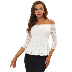 Allegra K Women's Elegant Lace Floral Semi Sheer 3/4 Sleeve Off Shoulder Peplum Top - 1 of 4