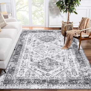 Vintage Floral Distressed Printed Area Rug Machine Washable Non Slip Stain Resistant Bodered Low Pile Ultra Thin Pet Friendly Carpet - 1 of 4