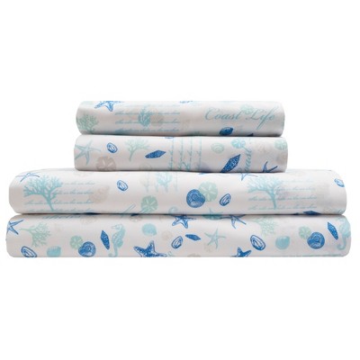 Elite Home Set of Soft Brushed Microfiber Coastal Printed Bed Sheets for Master or Guest Bedrooms, 90 GSM, Queen, Hampton Blue