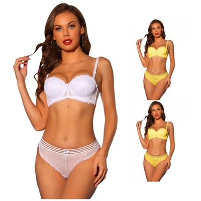 INSPIRE CHIC Women's Lace Balconette Underwire Bras Padded Bra and Panty Set 3 Packs