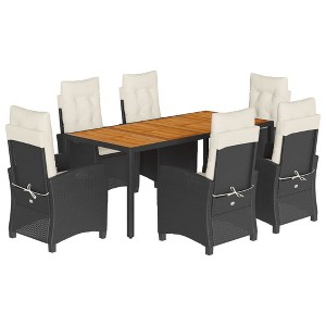 vidaXL 7 Piece Patio Dining Set with Cushions Black Poly Rattan - Adjustable Reclining Chairs, Acacia Wood Tabletop - 1 of 4