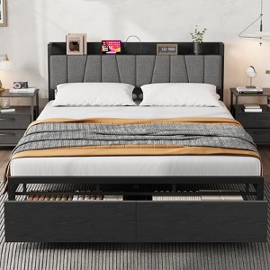 Full/Queen/King Size Bed Frame with Storage Headboard, Industrial Platform Bed with 2 Large Drawers and Charging Station - 1 of 4