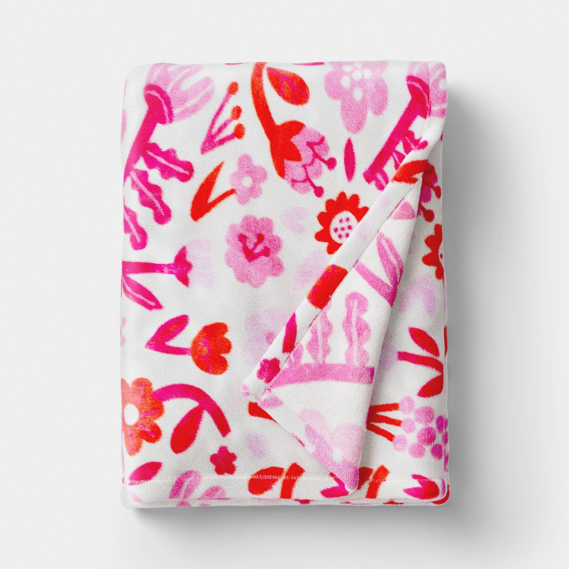 Floral Printed Plush Throw Ivory/Pink/Red - Room Essentials™